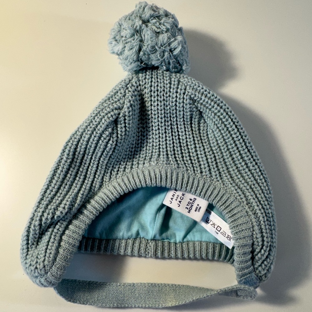 Janie and Jack Light Green Knit Hat with Pom-Pom and Chin Strap